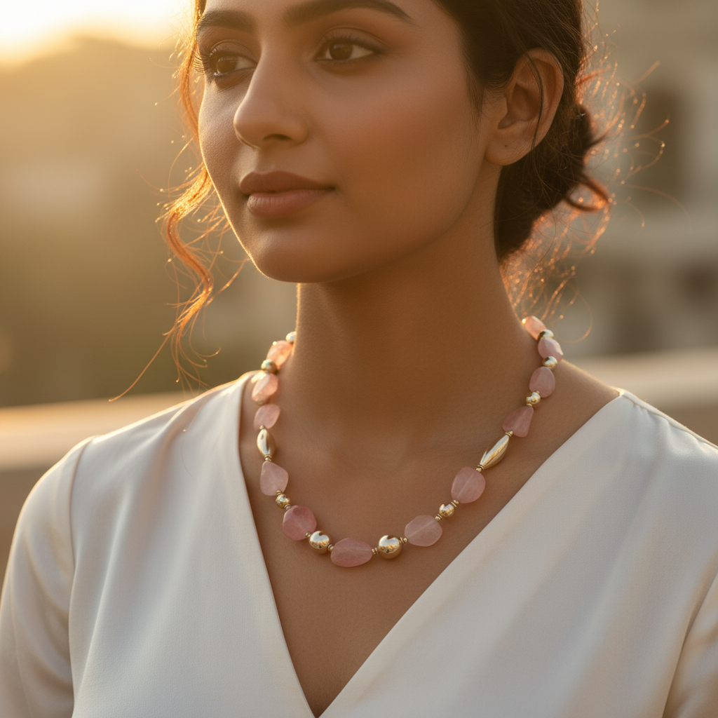 Rose Quartz Bead Necklace | Gold Accents | Women's Jewelry Gift