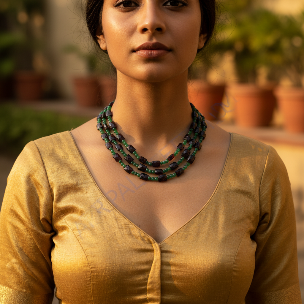 Garnet & green bead necklace for women | statement jewelry