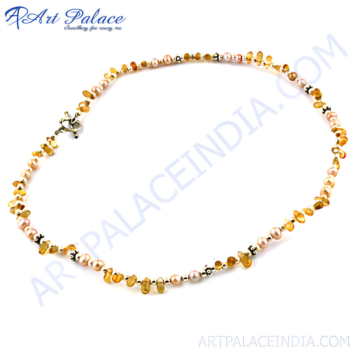 Pearl and citrine gemstone necklace with silver accents on a white background, perfect for daily wear