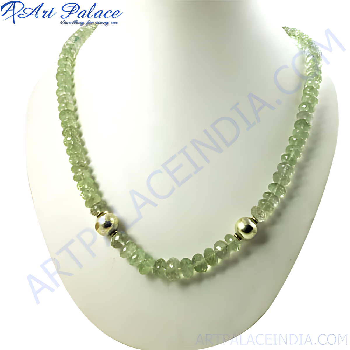 Green prehnite beaded necklace displayed on a white bust, showing the gemstone necklace's details and design