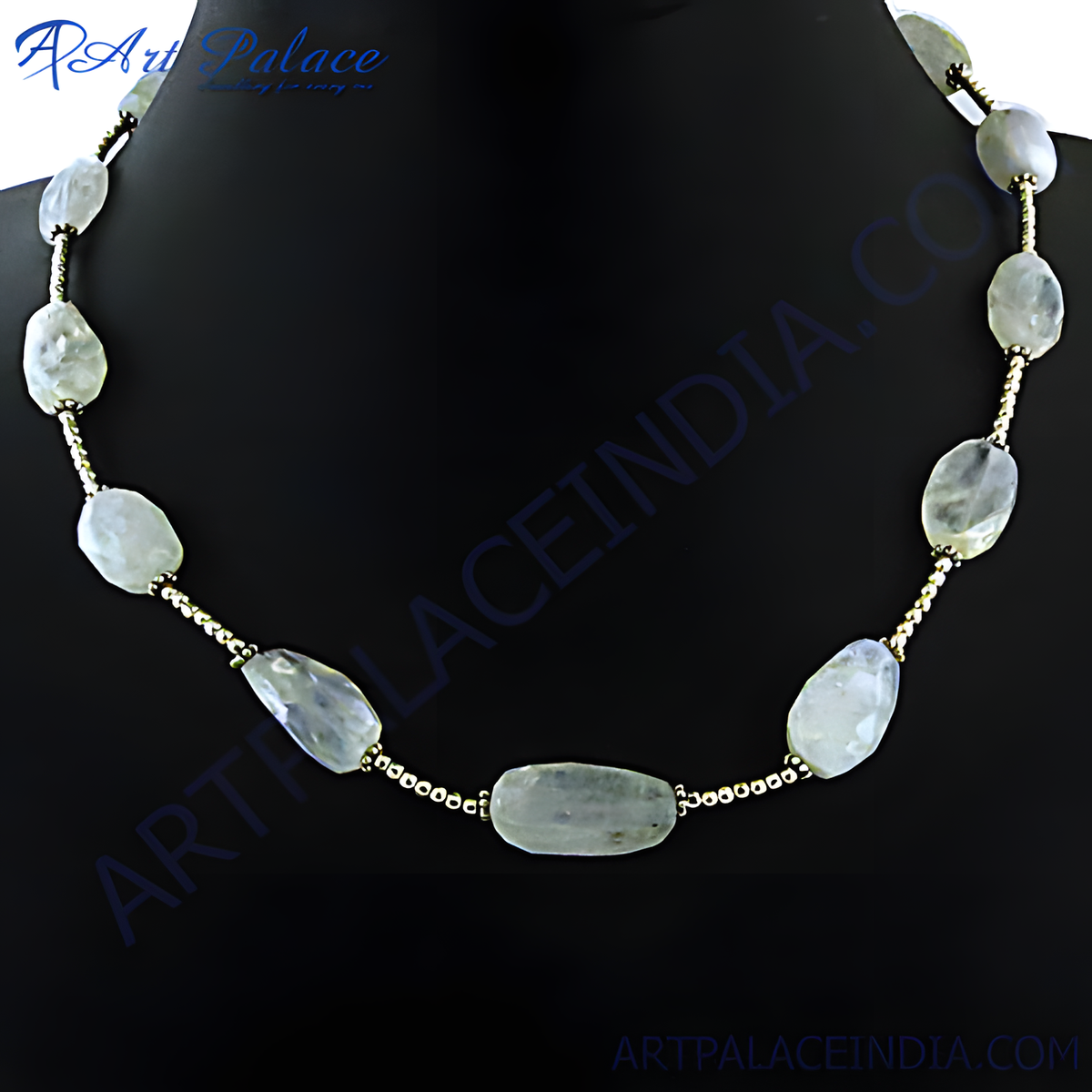 Moonstone bead necklace on a black background