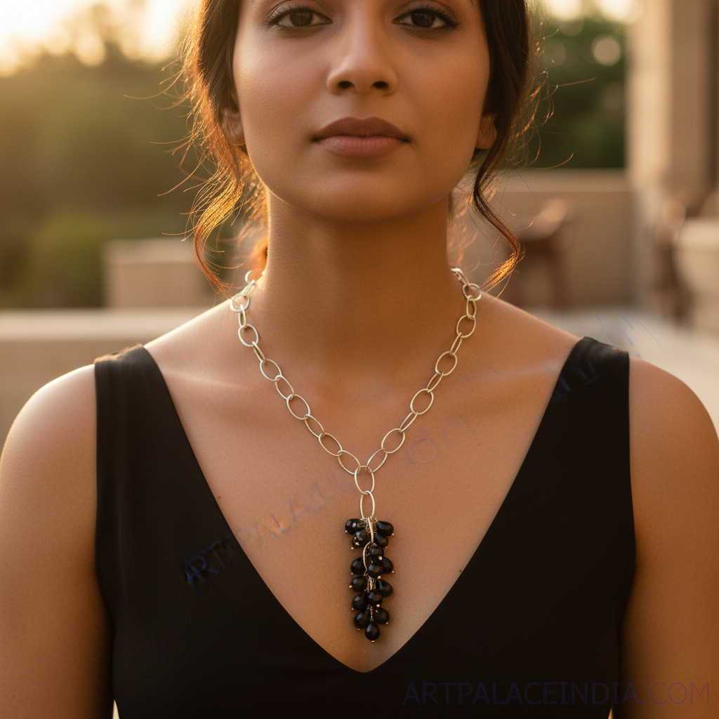 Silver Beaded Pendant Necklace for Women | Black Gemstone Jewelry
