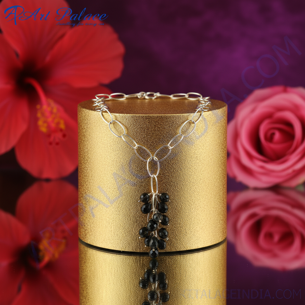 Silver Beaded Pendant Necklace for Women | Black Gemstone Jewelry