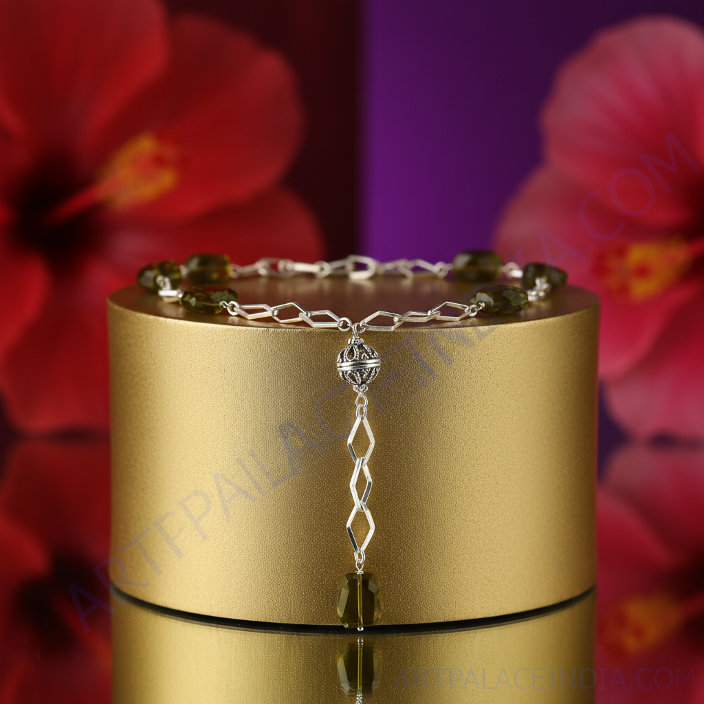 Silver geometric beaded necklace | green gemstone jewelry