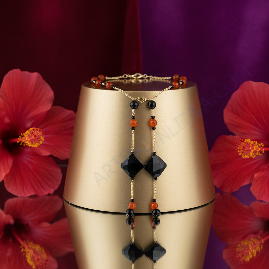 Black Onyx & Red Agate Lariat Necklace for Women | Statement Jewelry