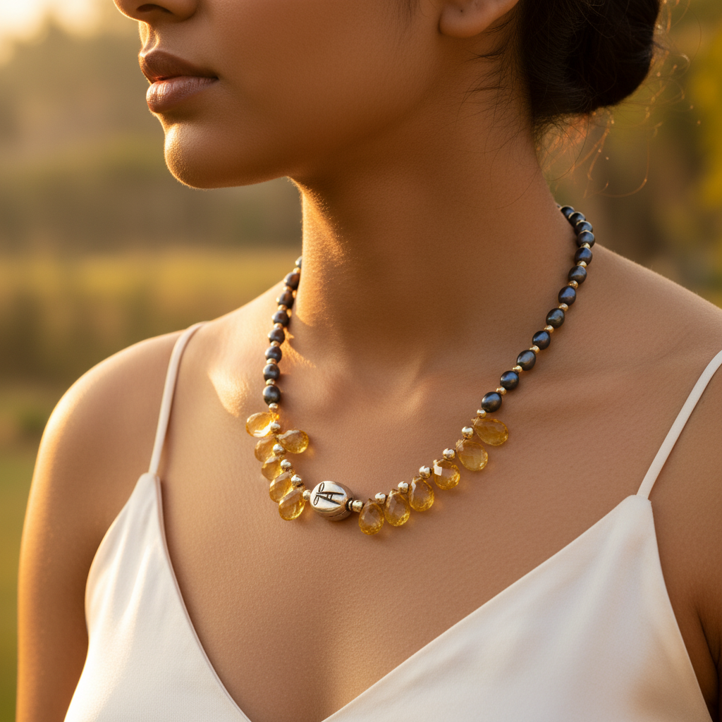 Citrine & Pearl Necklace | Gold Accents | Women's Jewelry Gift