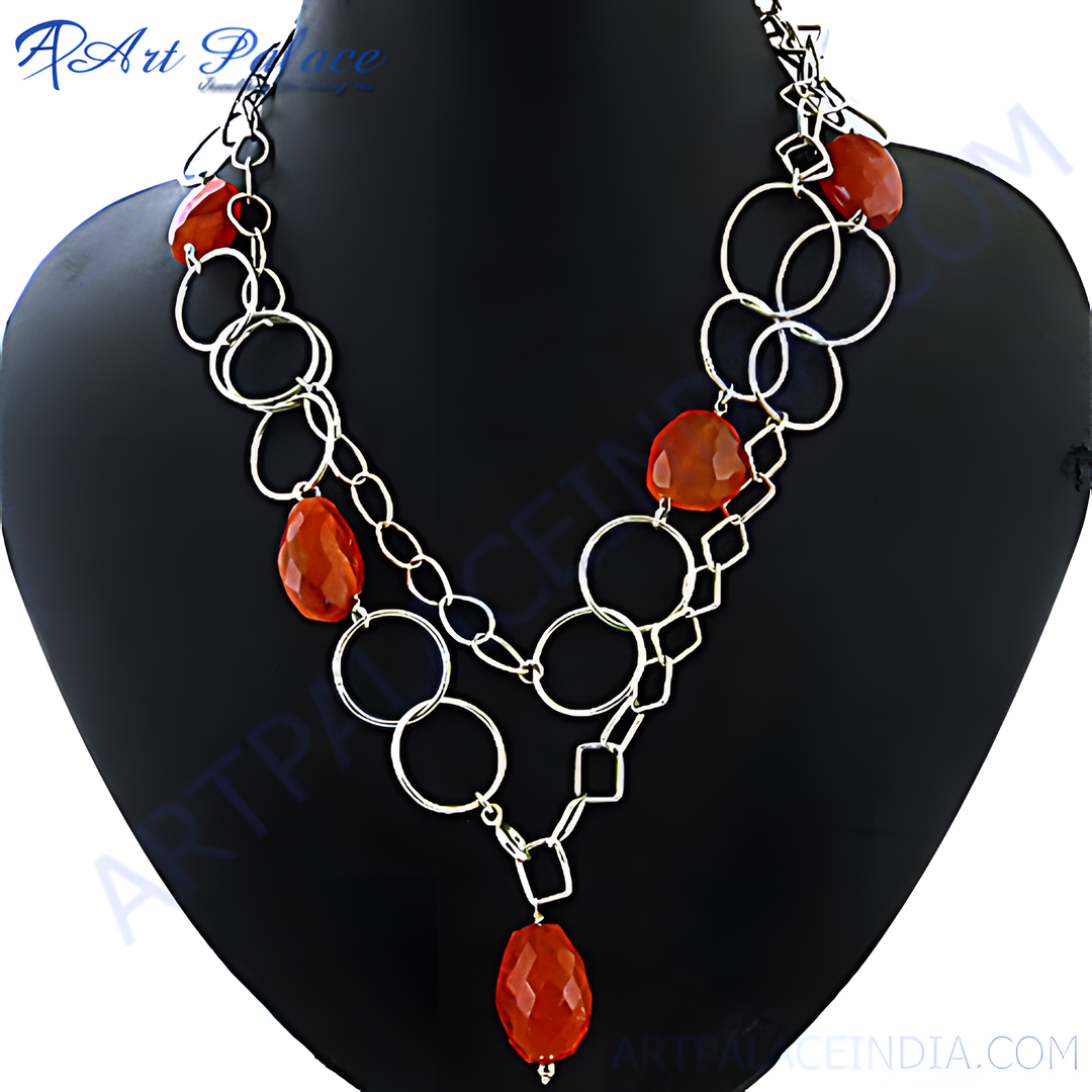 Sterling silver pendant necklace with red Carnelian gemstones, perfect for women's fashion