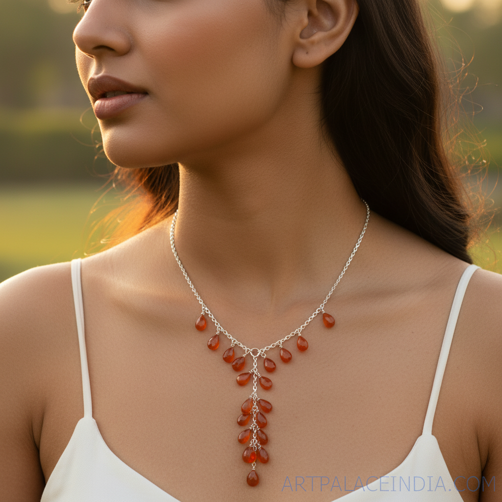 Silver Carnelian Drop Necklace for Women | Gemstone Jewelry