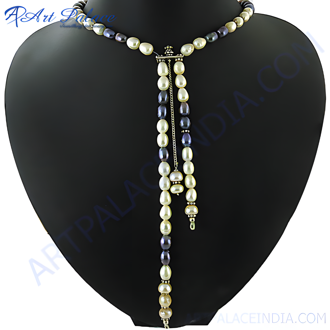 Freshwater pearl lariat necklace on a black mannequin, featuring a y-shaped design with mixed white and dark pearls
