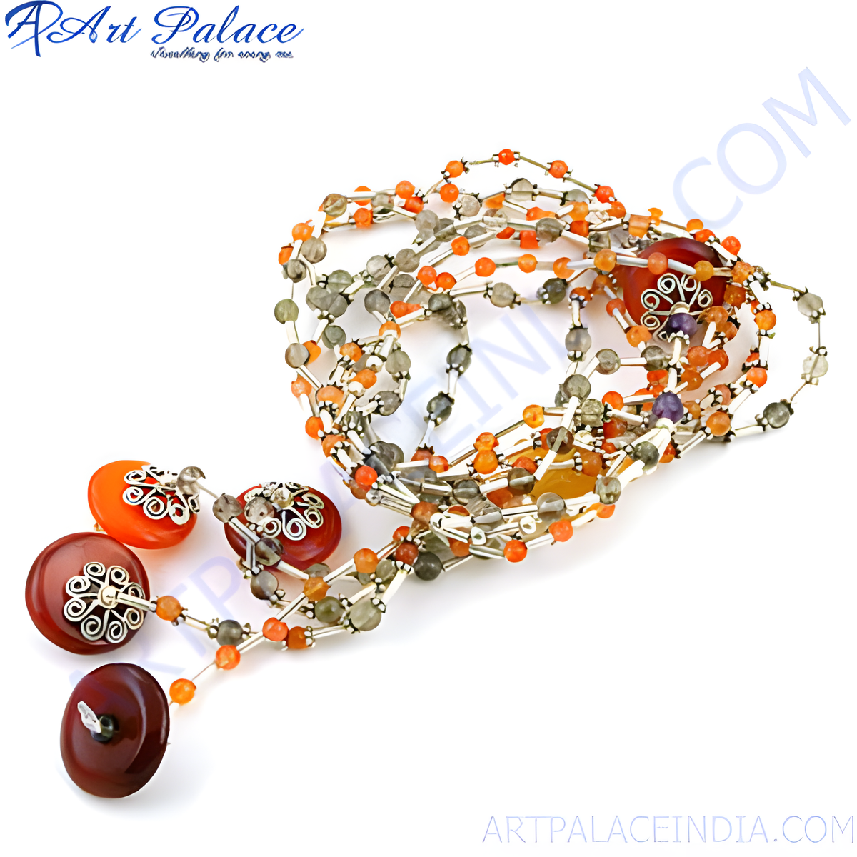 A close up shot of an intricate gemstone beaded necklace, featuring orange and gray beads