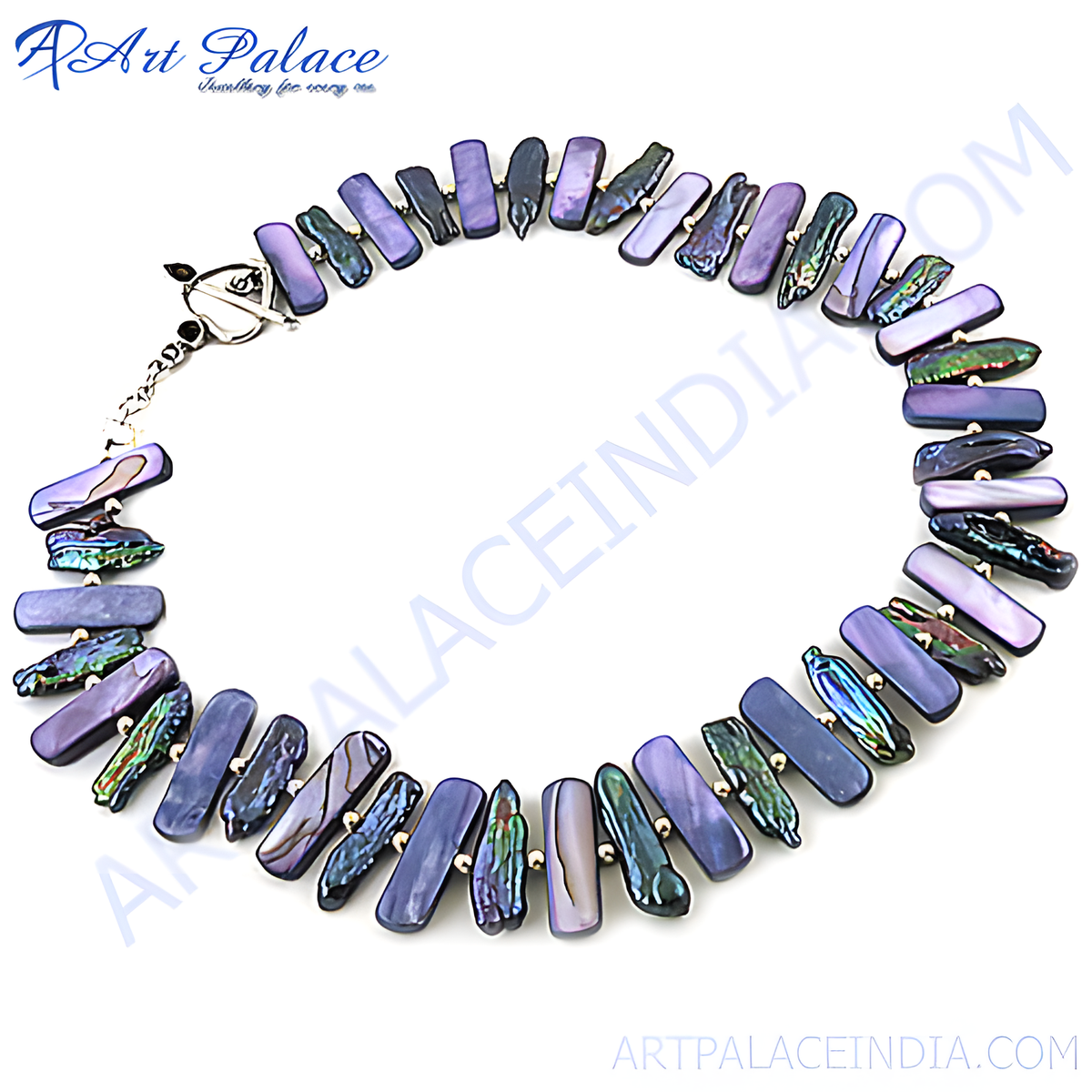 Purple pearl necklace with a silver clasp on a white background, perfect for a special occasion