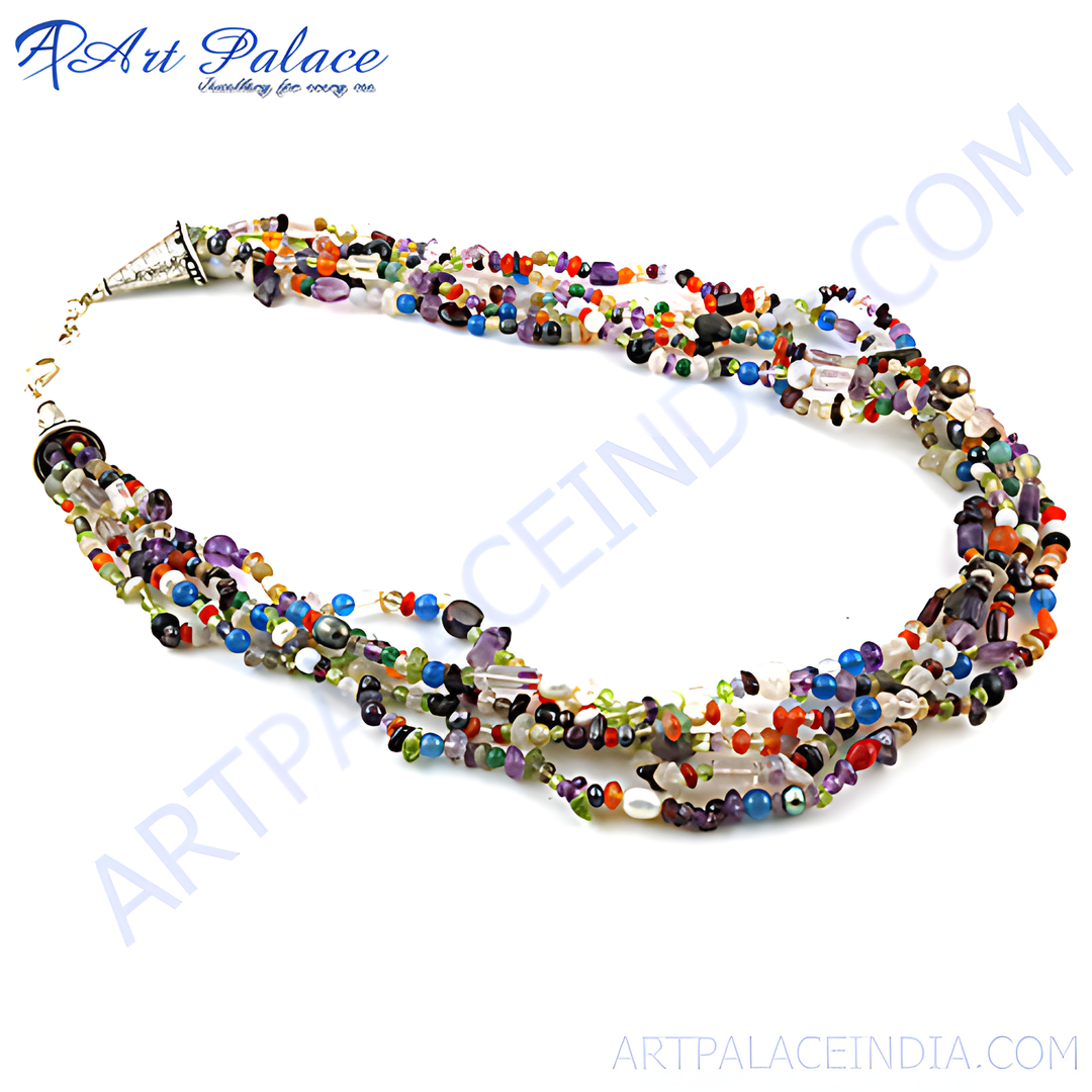 Multi-colored gemstone beaded necklace with various gemstone beads in an artistic arrangement, perfect for women.