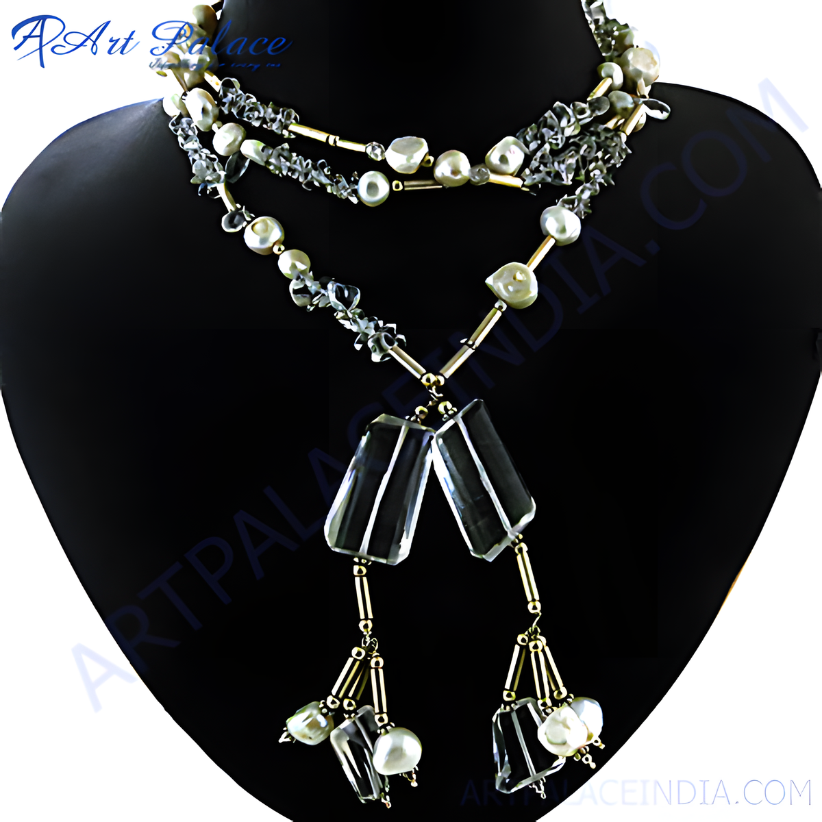 Elegant pearl and crystal pendant necklace displayed on a black mannequin, featuring a layered design with shimmering elements