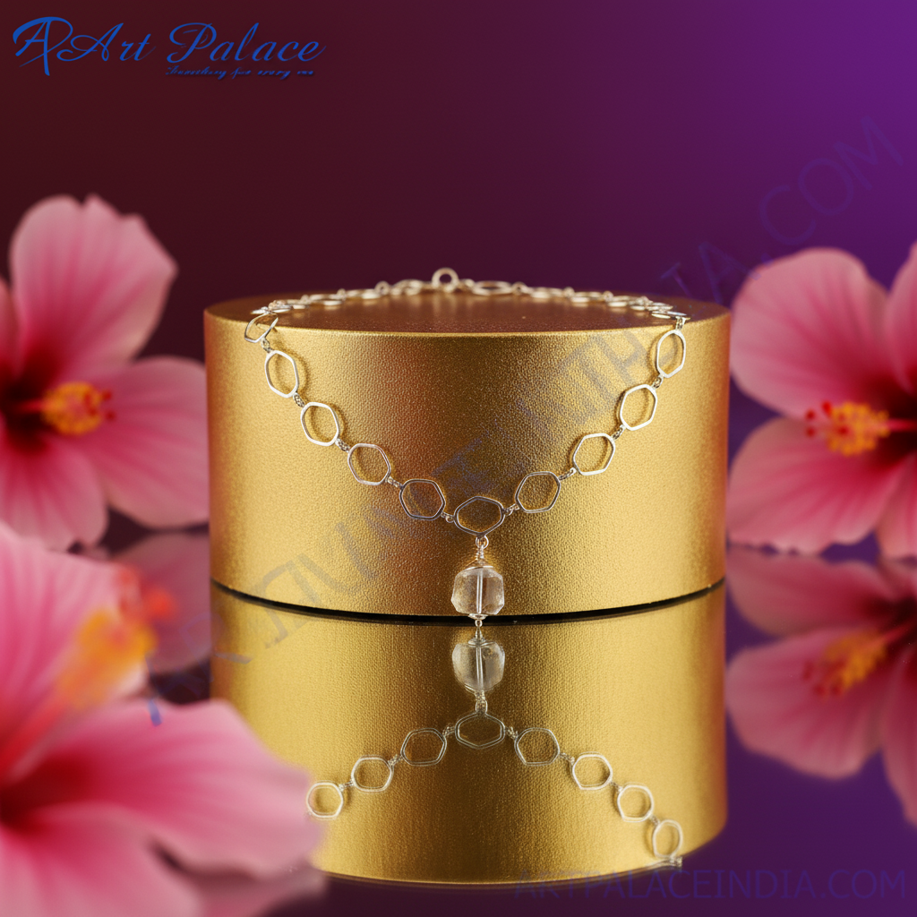 Silver Hexagon Chain Necklace with Crystal Pendant | Women's Jewelry