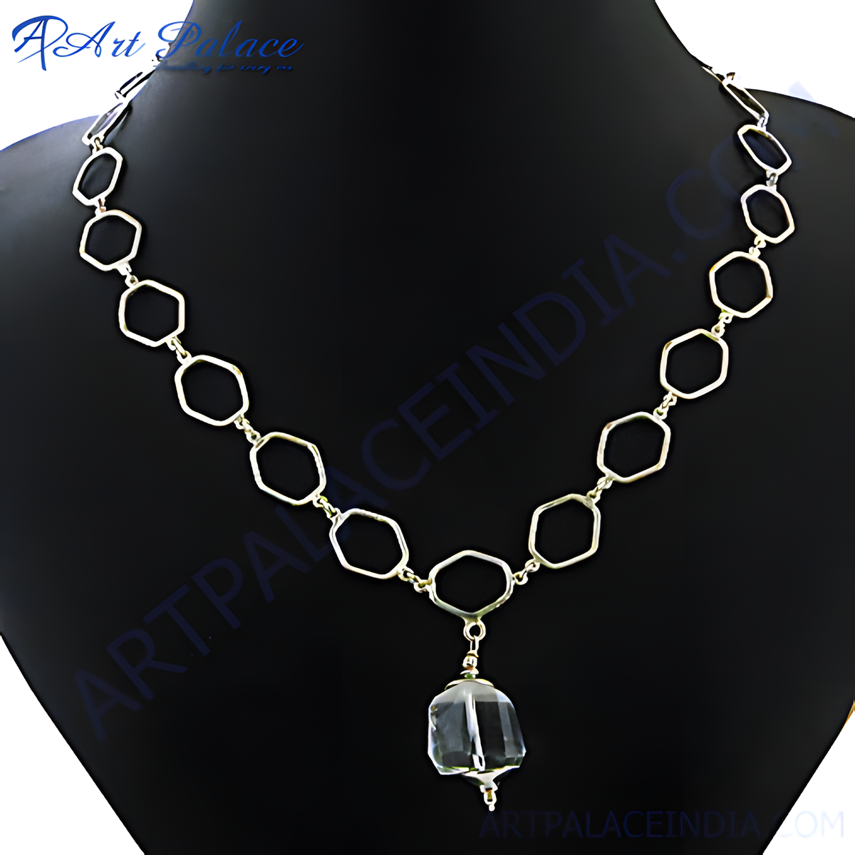 Silver hexagon chain necklace with a clear crystal pendant, perfect for women's fashion and everyday wear