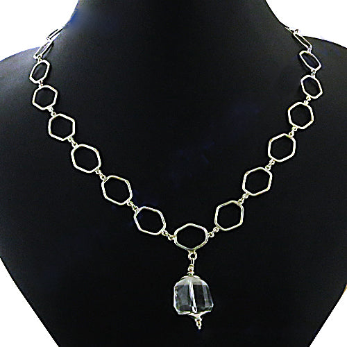 Silver Hexagon Chain Necklace with Crystal Pendant | Women's Jewelry