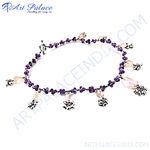 Load image into Gallery viewer, Sterling silver anklet with purple gemstones and flower charms, perfect for everyday wear.
