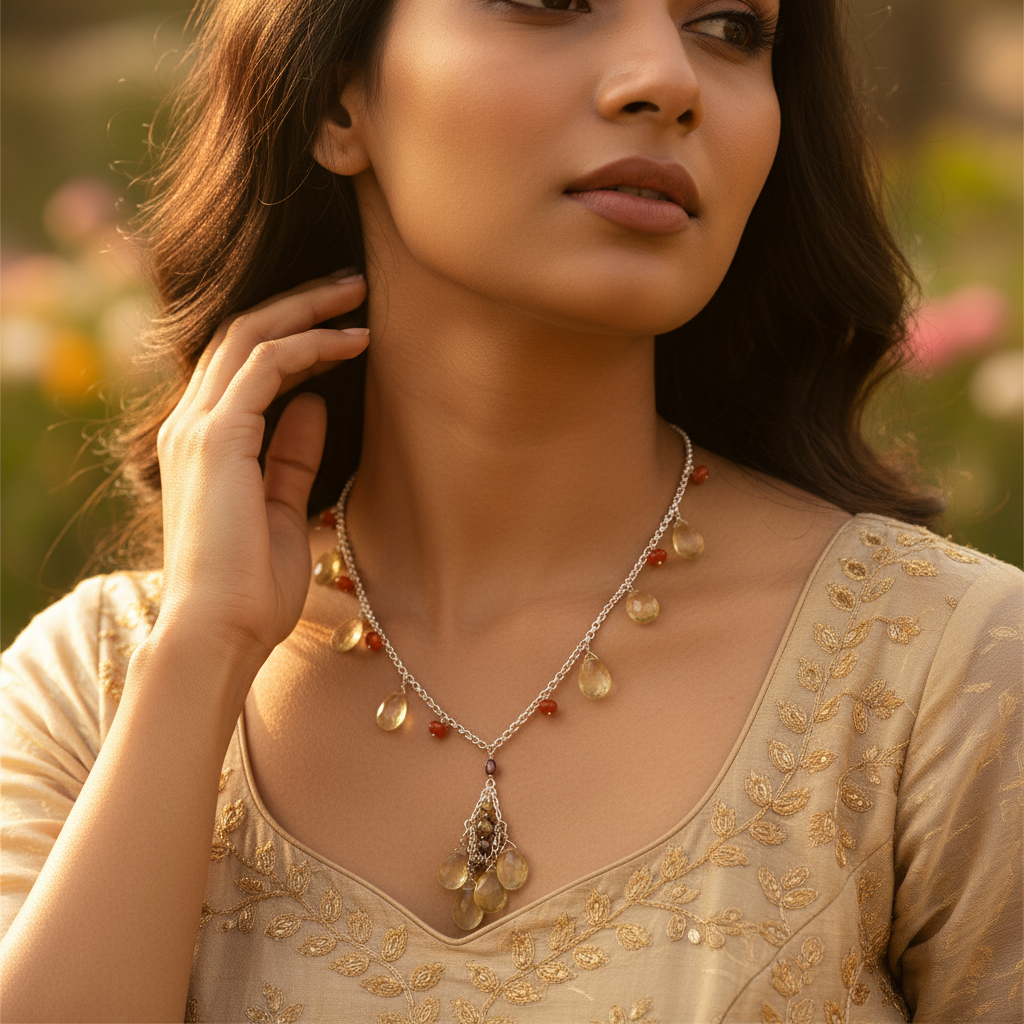 Silver Citrine Teardrop Necklace for Women | Gemstone Jewelry
