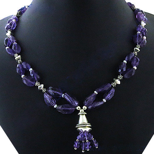 Amethyst Gemstone Tassel Necklace | Silver Statement Jewelry for Women