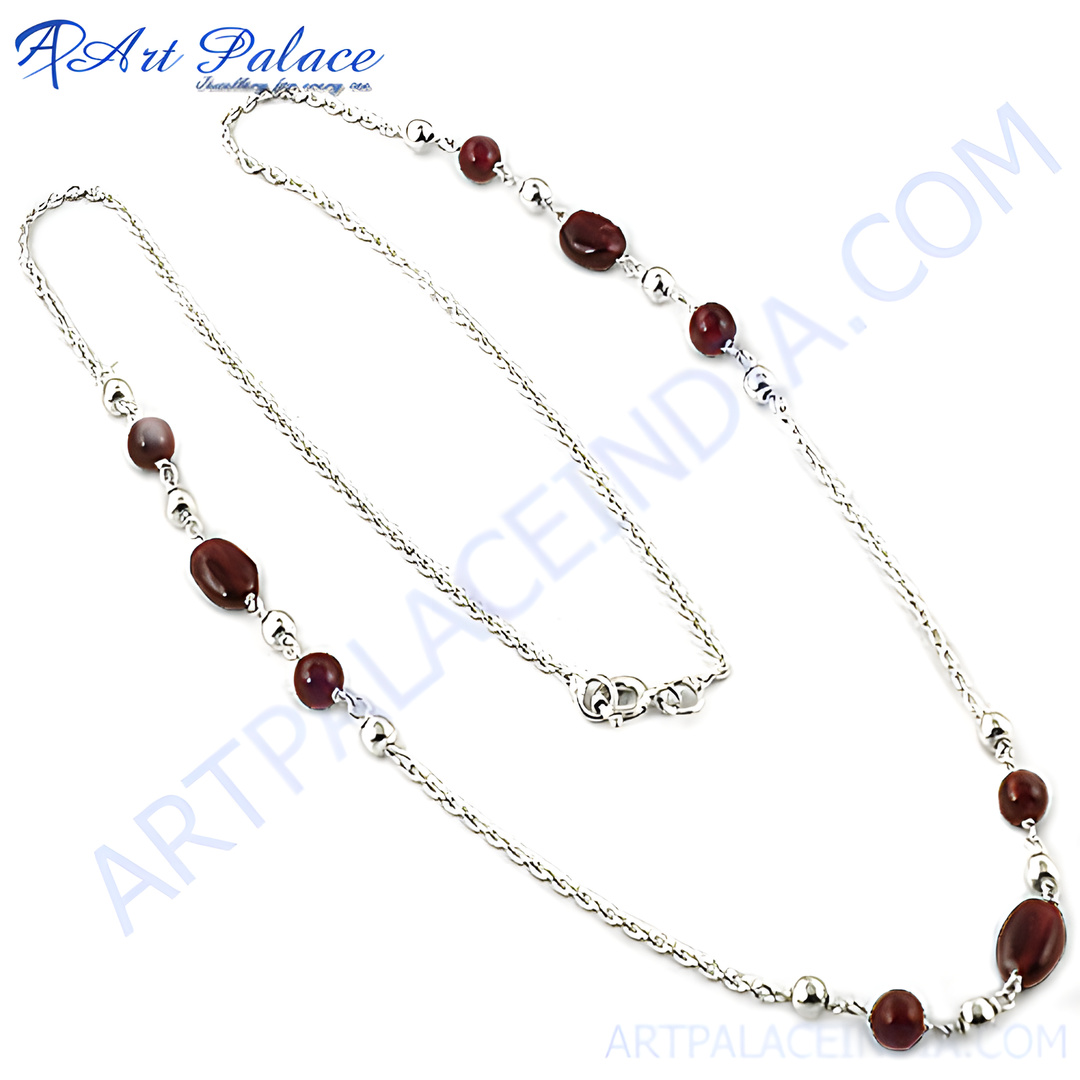925 sterling silver chain necklace featuring round garnet beads, perfect for women's fashion jewelry.