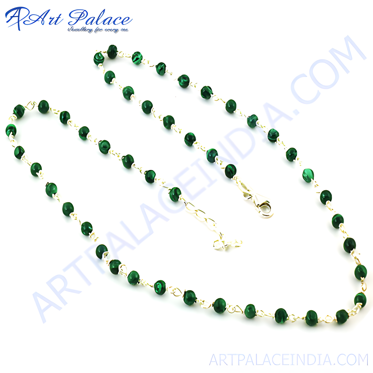 Gold plated necklace with round green malachite beads