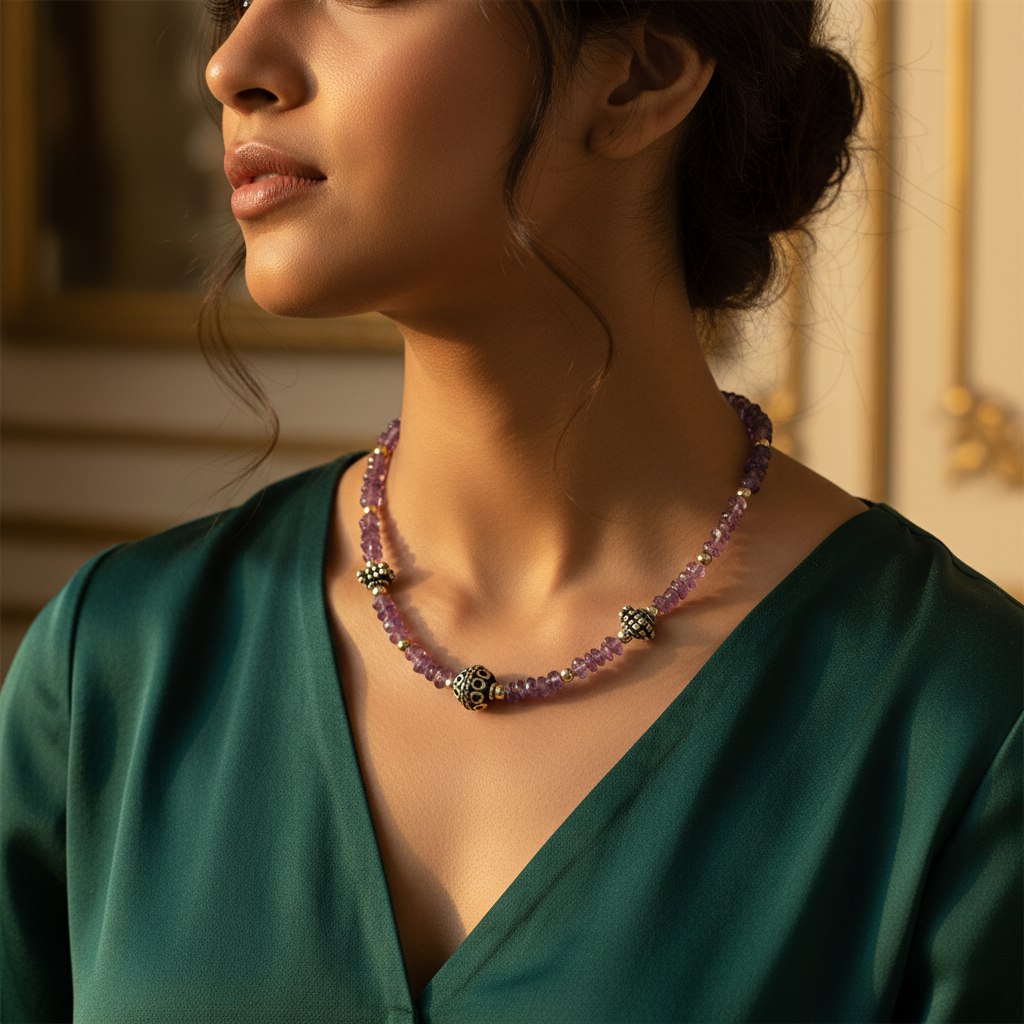 Amethyst Bead Necklace with Silver Accents | Women's Gift