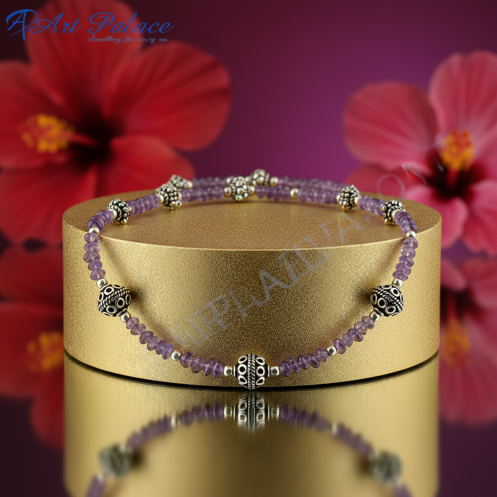 Amethyst bead necklace with silver accents | women's gift