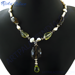 Load image into Gallery viewer, Smoky Quartz and Pearl Necklace, featuring brown and white gemstones on a black background.
