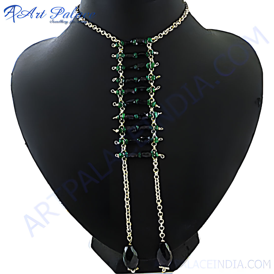 Gold chain necklace with black onyx beads, a stylish and elegant necklace.