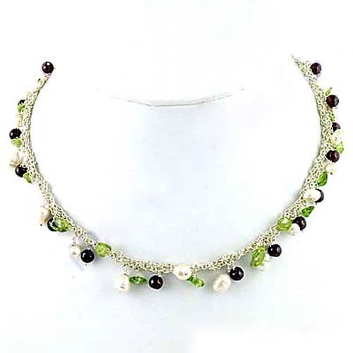 Pearl & Gemstone Crochet Necklace | For Women | Handmade Jewelry