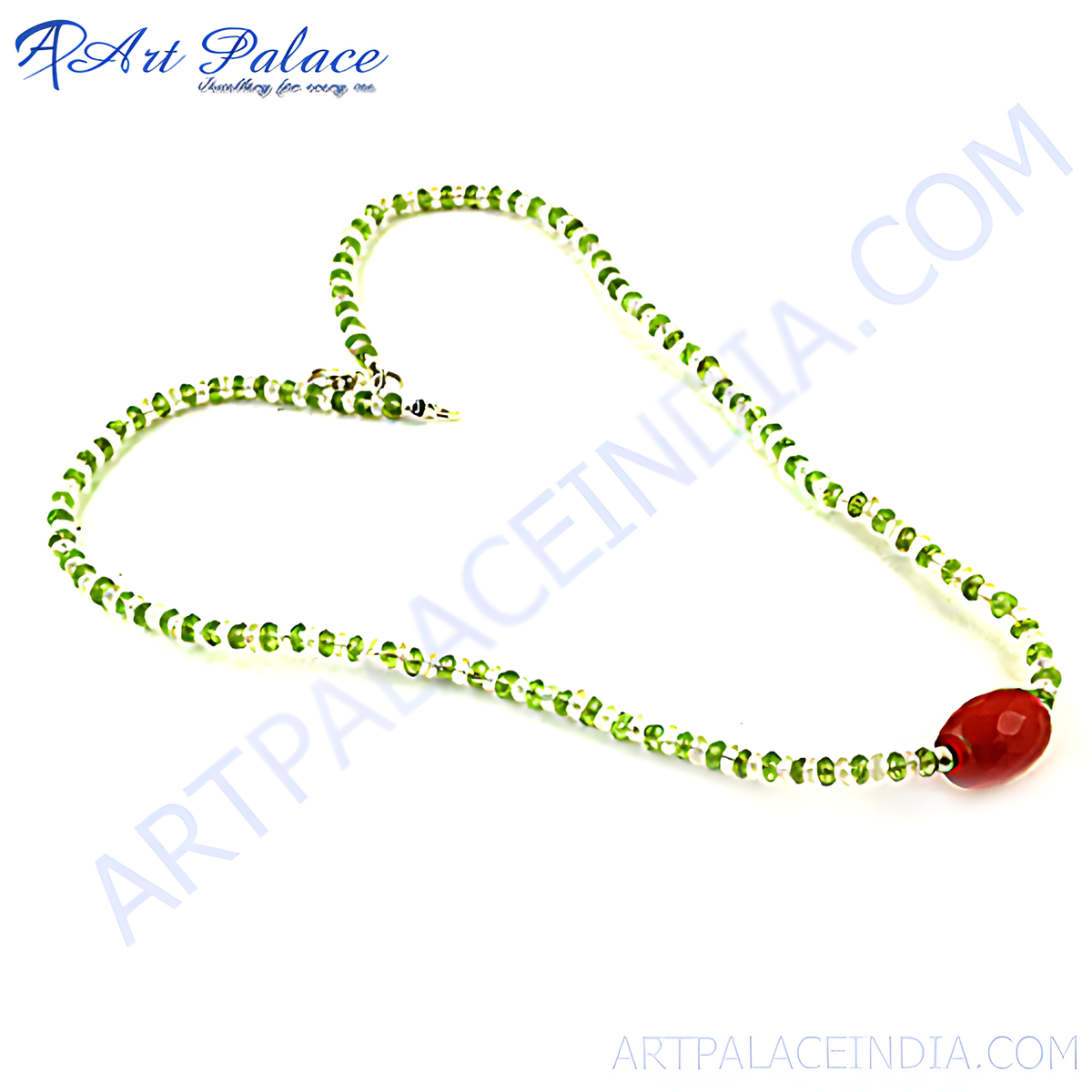 Elegant green beaded necklace with a central red gemstone, perfect for women's fashion and gifting