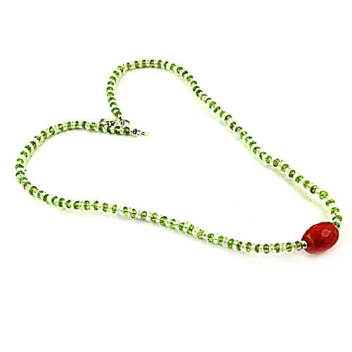 Green Beaded Necklace with Red Gemstone | Women's Jewelry Gift