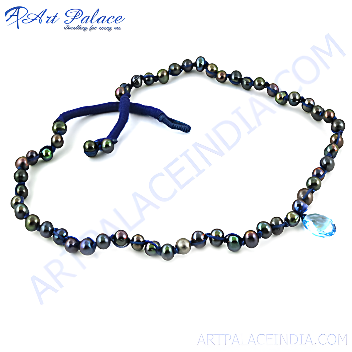 Black pearl necklace with a blue topaz gemstone pendant, strung on a dark blue cord