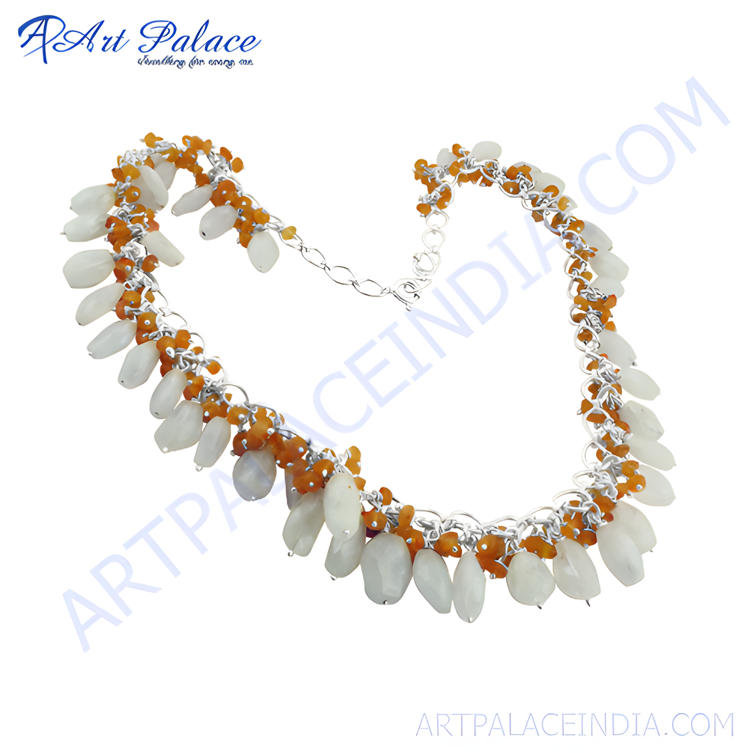 Silver necklace with white and orange gemstones. Beaded statement necklace.