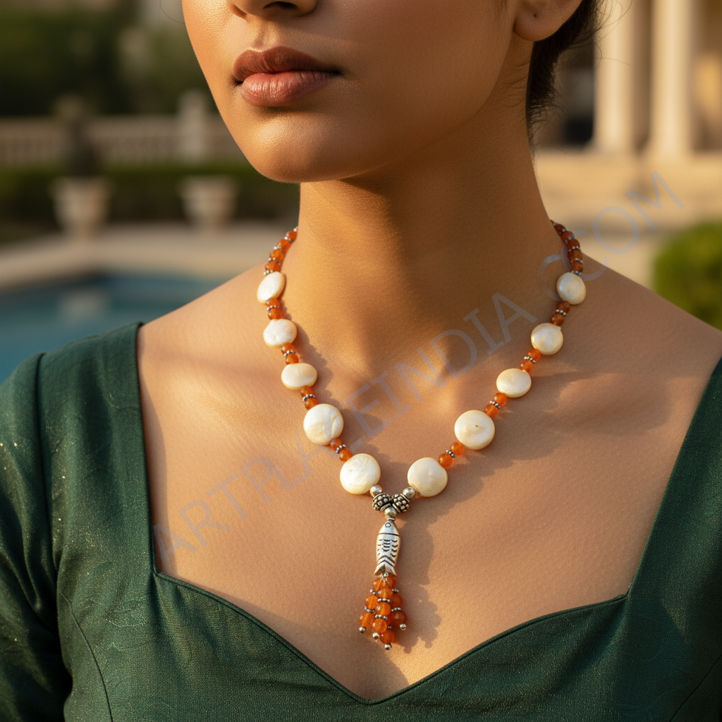 Beaded Mother of Pearl Necklace | Silver Fish Pendant Necklace