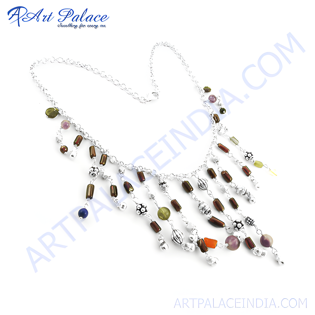 Silver necklace with various colorful gemstones and beads, ideal for women's fashion jewelry.