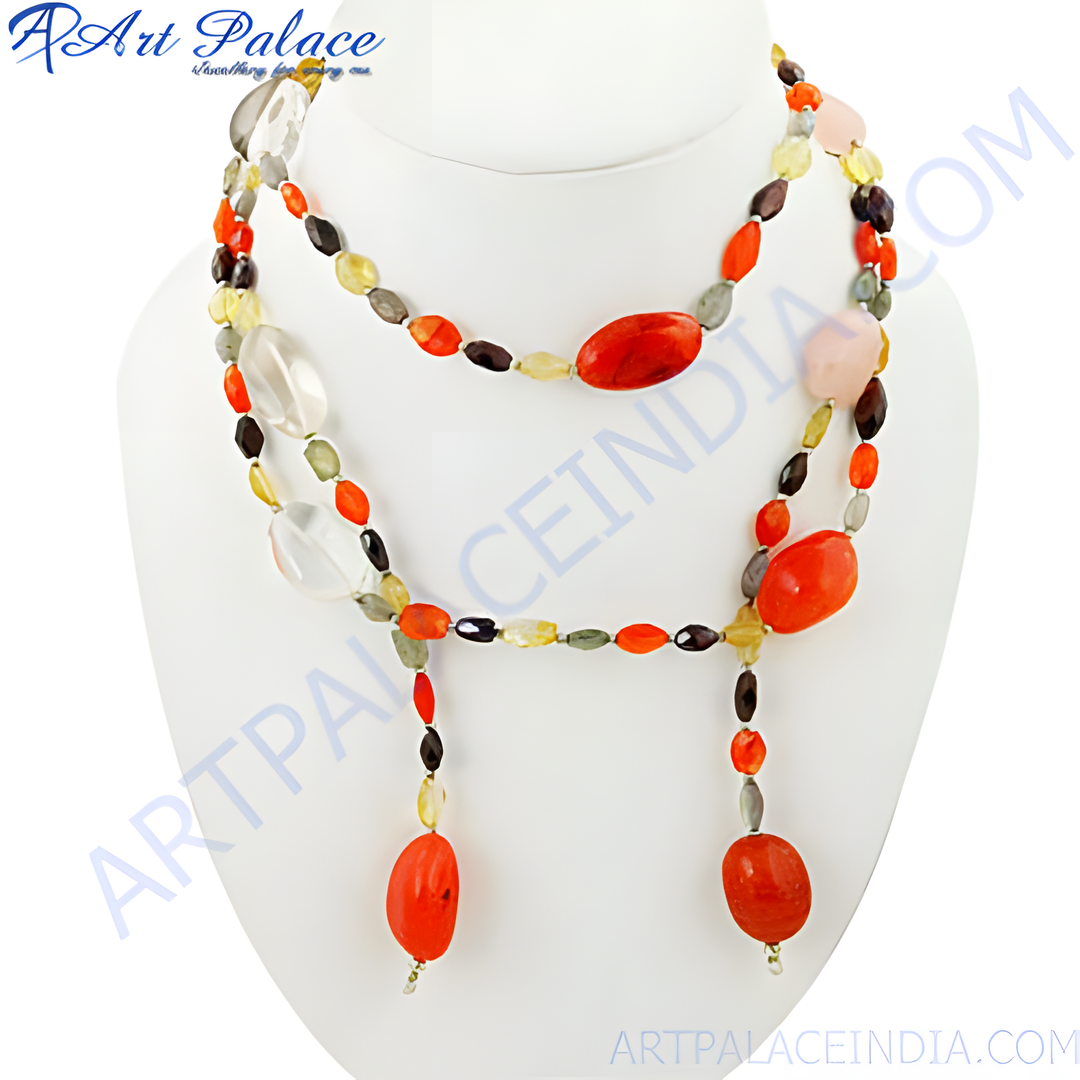 Multi-stone beaded necklace displayed on a white bust, featuring red, yellow and clear beads.