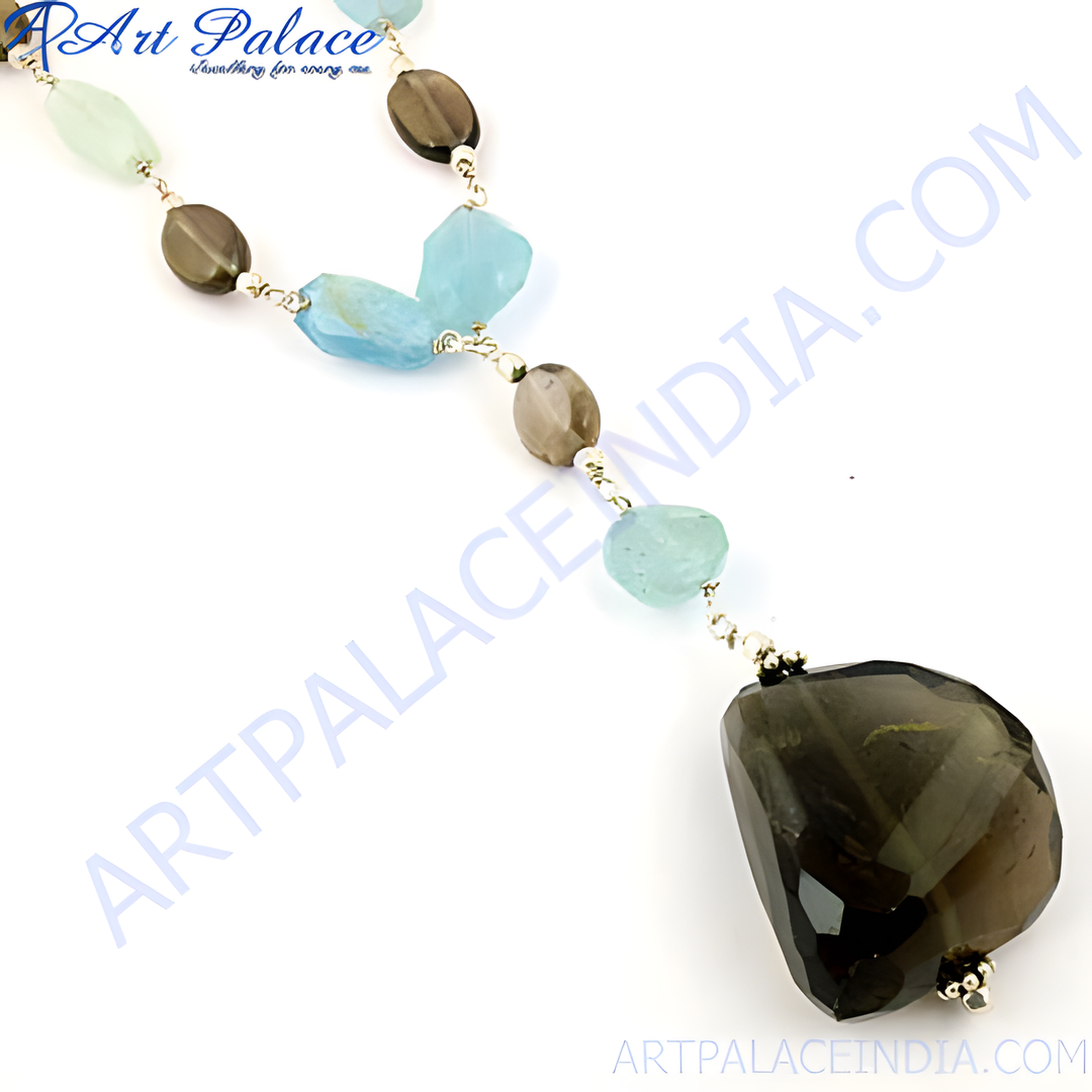 Sterling silver necklace with smoky quartz and other colorful gemstones; a unique, elegant pendant necklace.