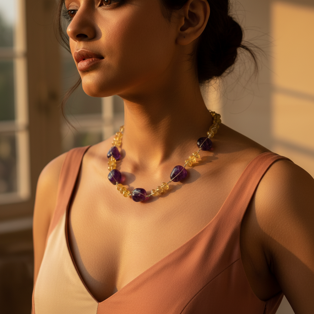 Amethyst Citrine Bead Necklace | Gemstone Jewelry for Women
