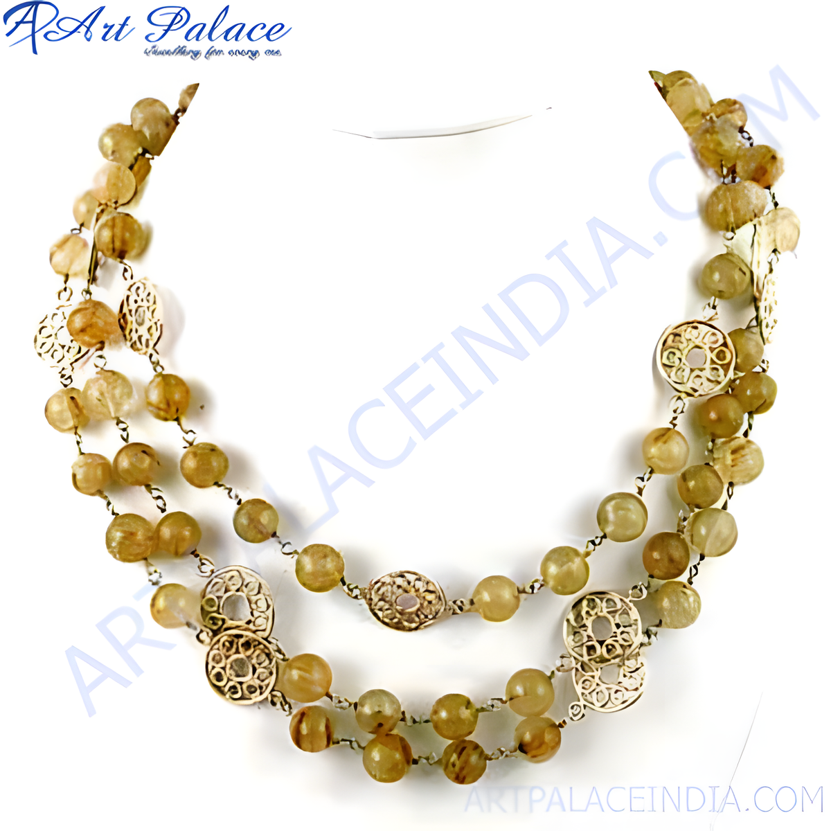 Gold tone beaded necklace with rutilated quartz gemstones, ideal for women's jewelry