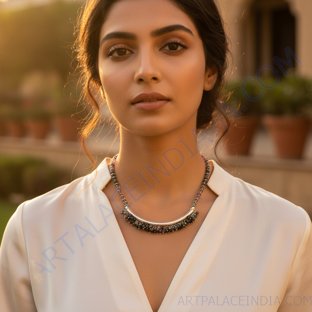 Tourmaline gemstone beaded necklace | 925 silver choker | women's jewelry