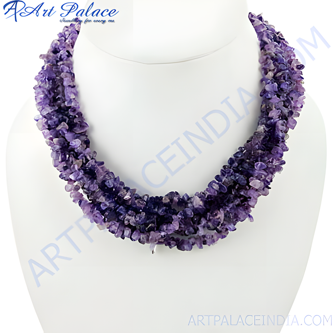 Amethyst chip bead necklace displayed on a white bust, showcasing the purple gemstones.