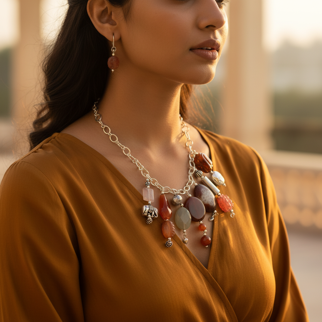 Silver gemstone bead necklace for women | statement jewelry