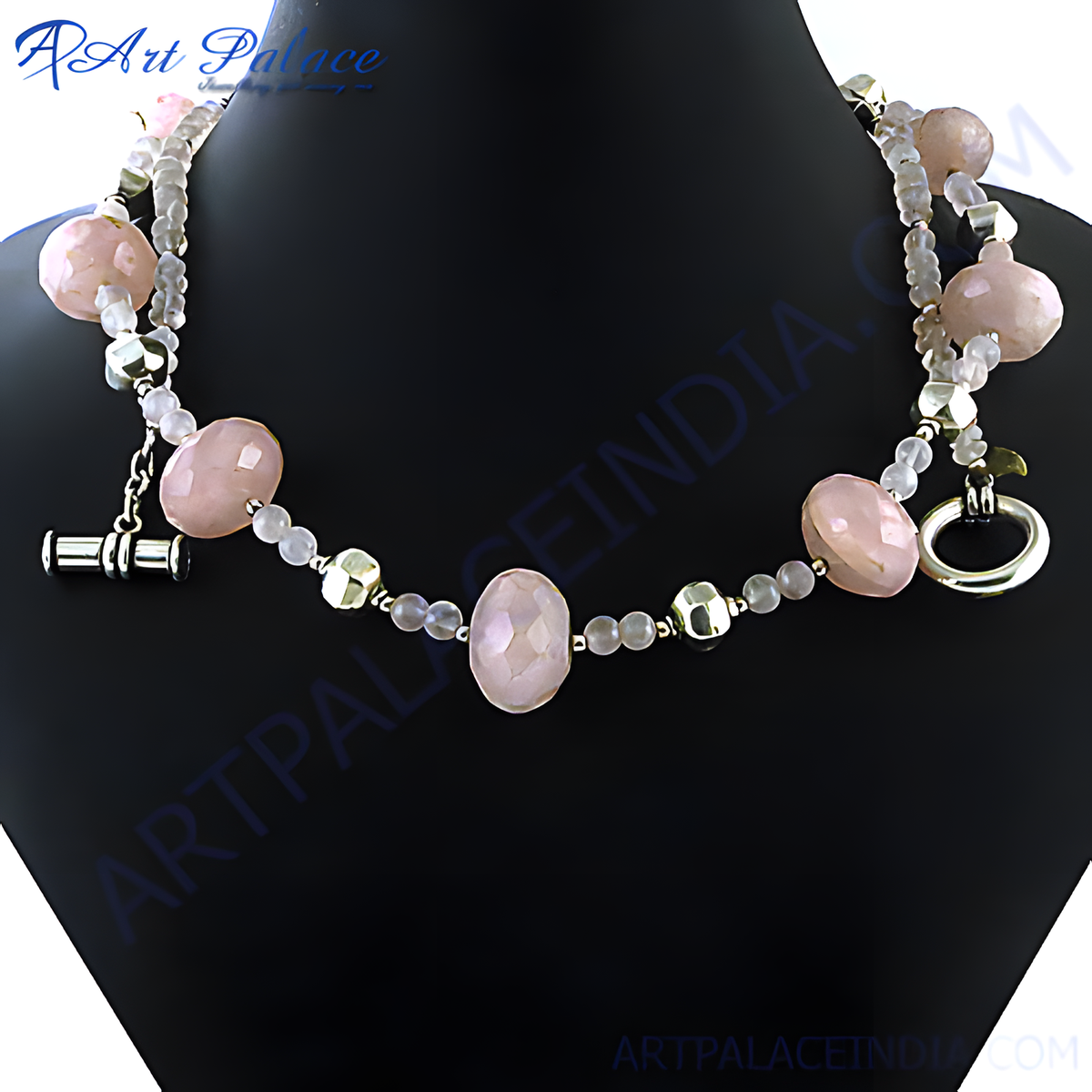 Rose quartz beaded necklace with silver accents and toggle clasp, gemstone jewelry