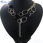 Load image into Gallery viewer, Black beaded lariat necklace with gold chain, a stylish fashion jewelry piece for women.
