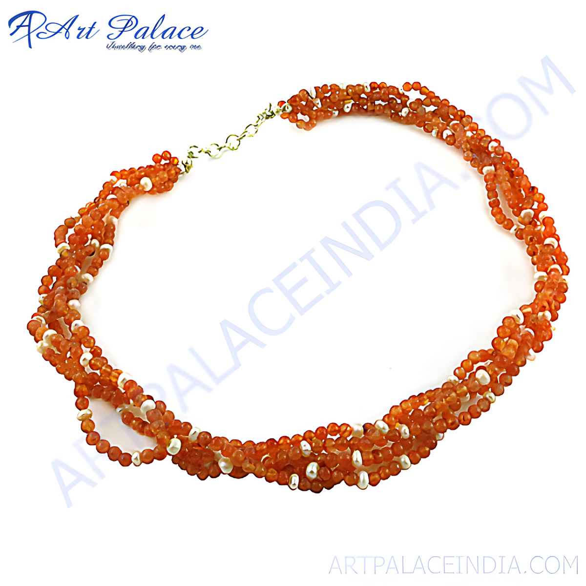 Orange carnelian bead necklace with white pearl accents, multi strand design