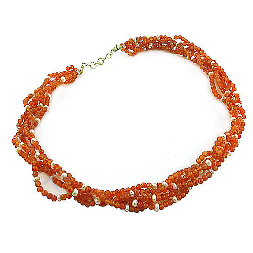 Orange Carnelian Bead Necklace with Pearl Accents | Gift for Her