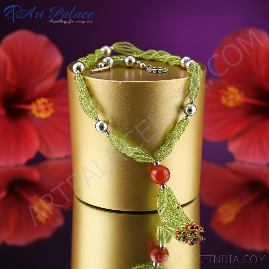 Green Beaded Necklace with Red Stone | Women's Fashion Jewelry