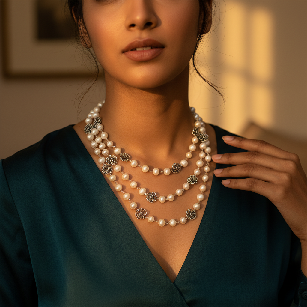 Pearl Layered Necklace with Floral Accents | Women's Fashion