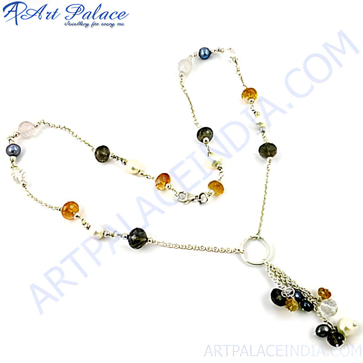 Sterling silver beaded necklace with various colorful gemstones, perfect for any occasion